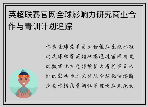 英超联赛官网全球影响力研究商业合作与青训计划追踪