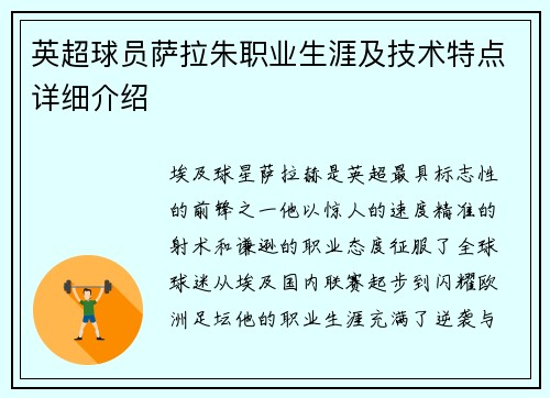 英超球员萨拉朱职业生涯及技术特点详细介绍