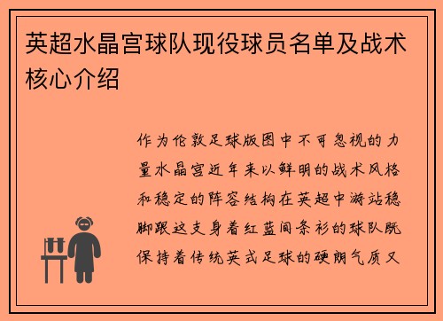 英超水晶宫球队现役球员名单及战术核心介绍